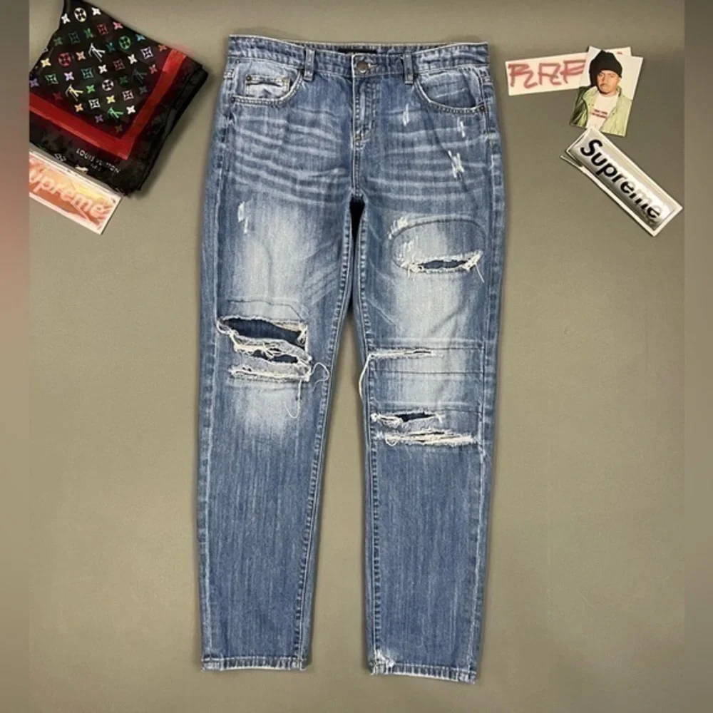 Thrashed Hige Faded Designer Denim Blue Ripped Jeans Stitching and Patchwork 💎 - Picture 1 of 16